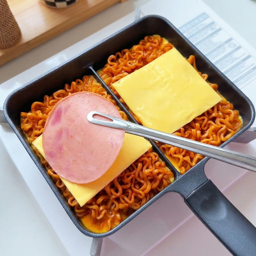 Fette di formaggio e prosciutto disposte sopra la base di noodles usando pinze di metallo.