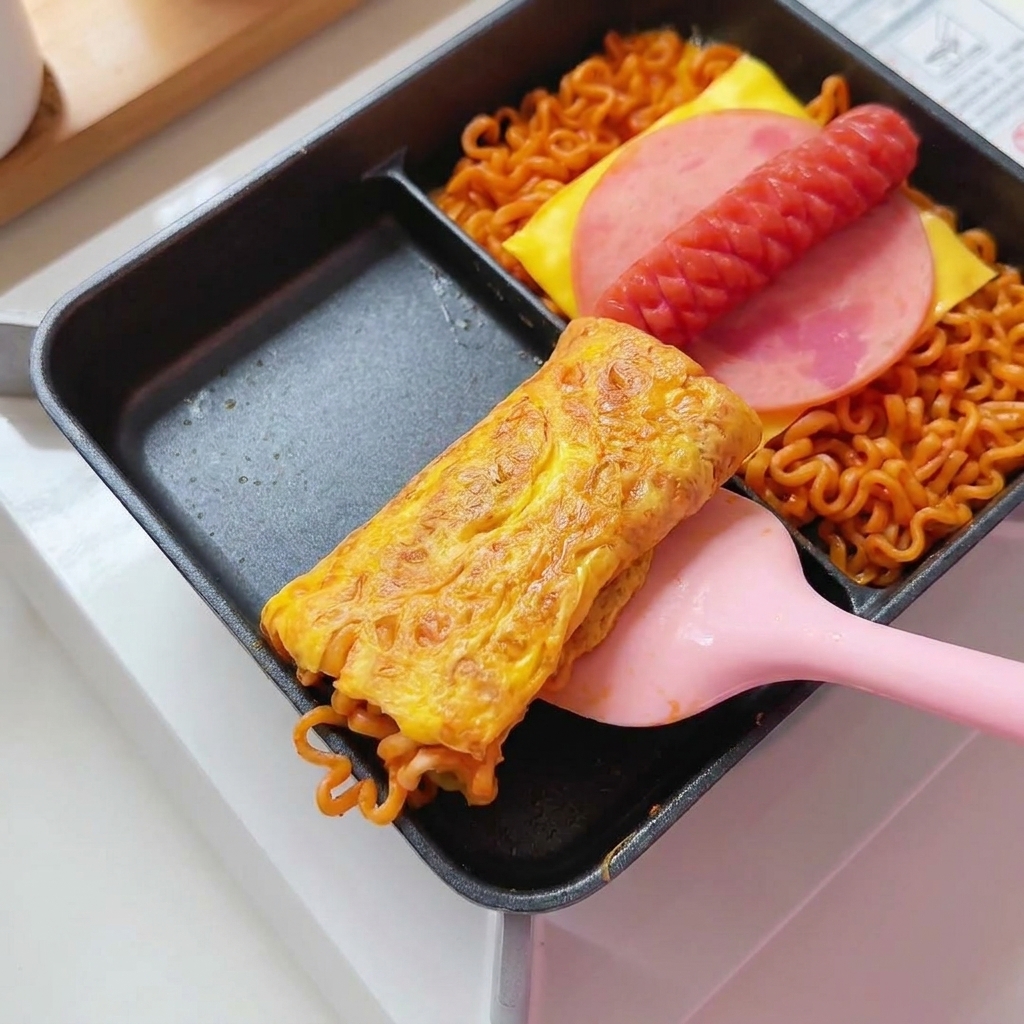 Una spatola rosa che arrotola un rotolo cotto di uova e noodles allinterno di una padella rettangolare.