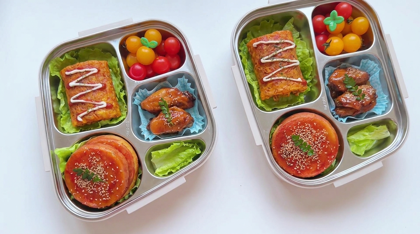 Bento Box per Bambini: Burger di Carne e Uova, Involtini Piccanti di Noodles e Ali di Pollo alla Cola
