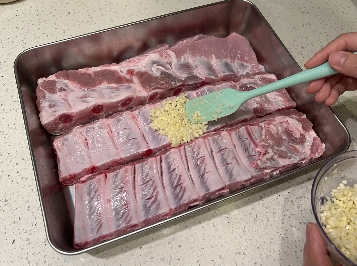 Aglio fresco tritato versato sulle costine di maiale crude con una spatola di silicone.