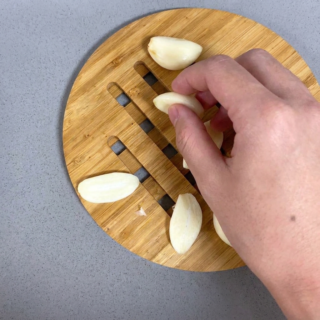Spicchi daglio tagliati a fette sottili su un tagliere di legno.