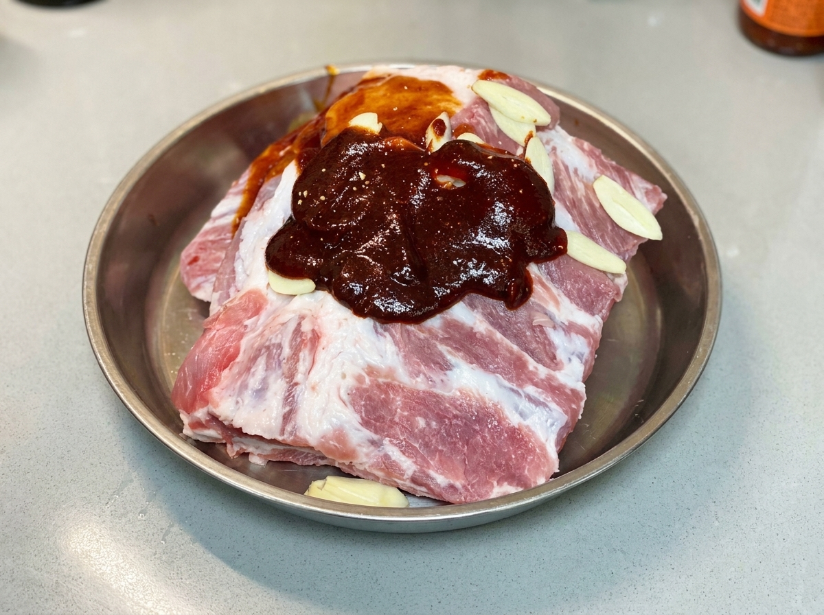 Fine macchie di pepe bianco cosparse sulle costine di maiale in marinatura e sulle salse.