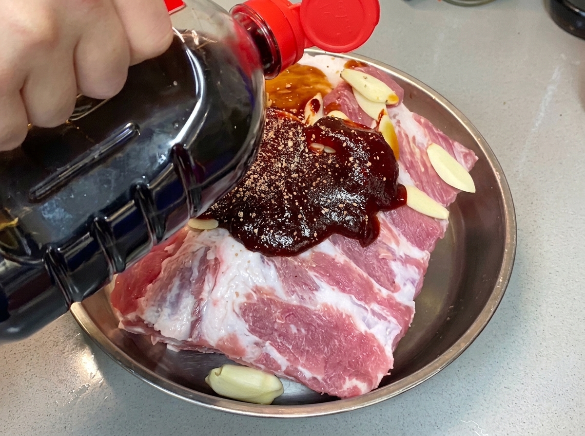 Salsa di soia chiara versata da una bottiglia sulle costine di maiale condite.