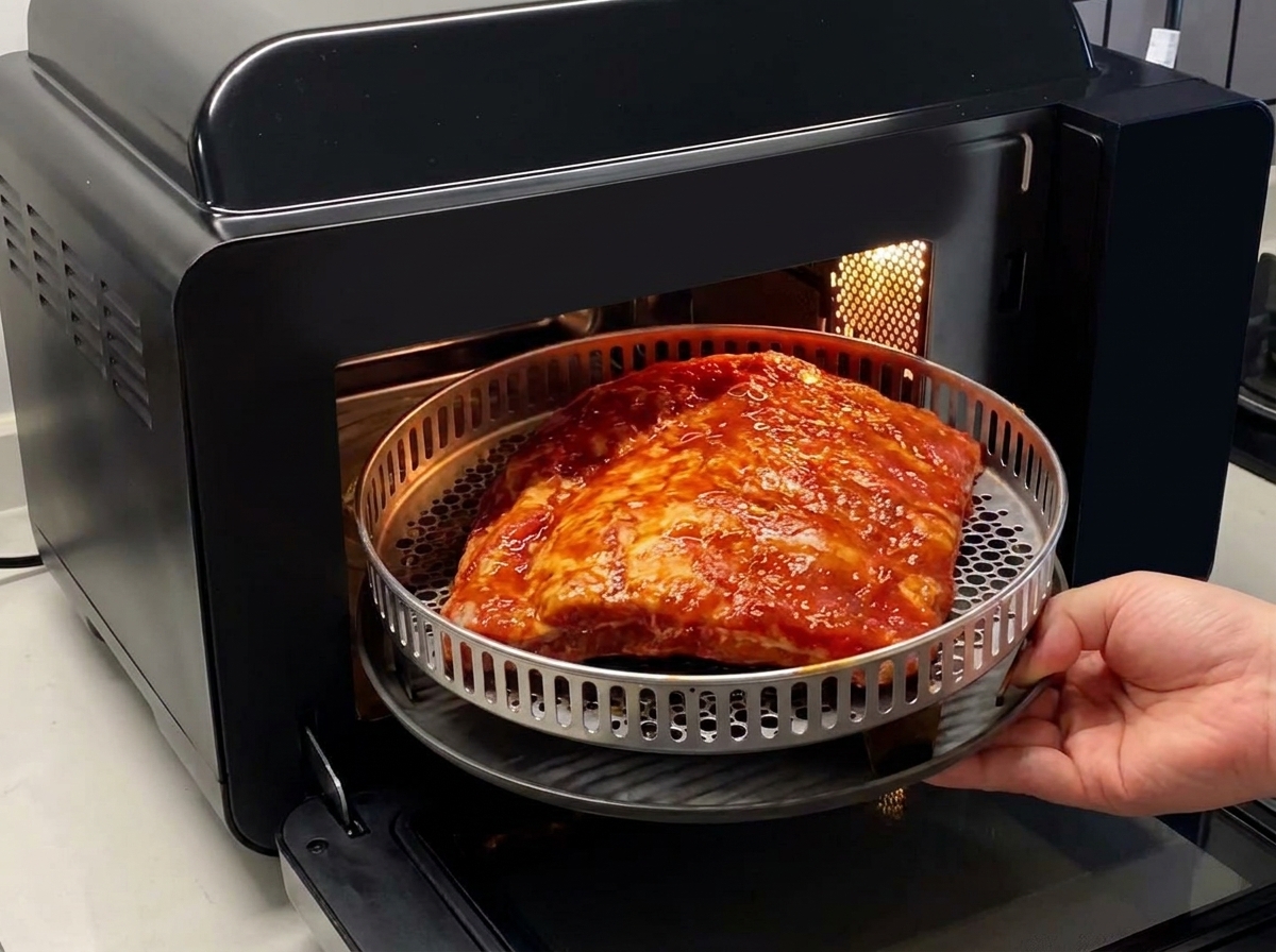 Una teglia da forno che contiene costine di maiale condite caricate nel vano aperto di un forno nero.