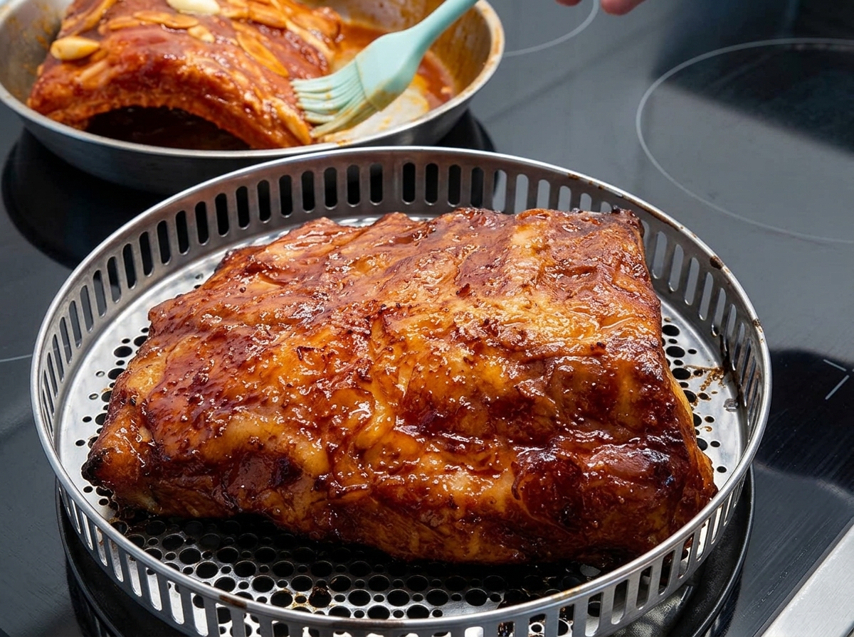 Un pennello da cucina che applica una miscela di miele e salsa sulla parte superiore delle costine di maiale condite sedute su una griglia metallica rotonda.