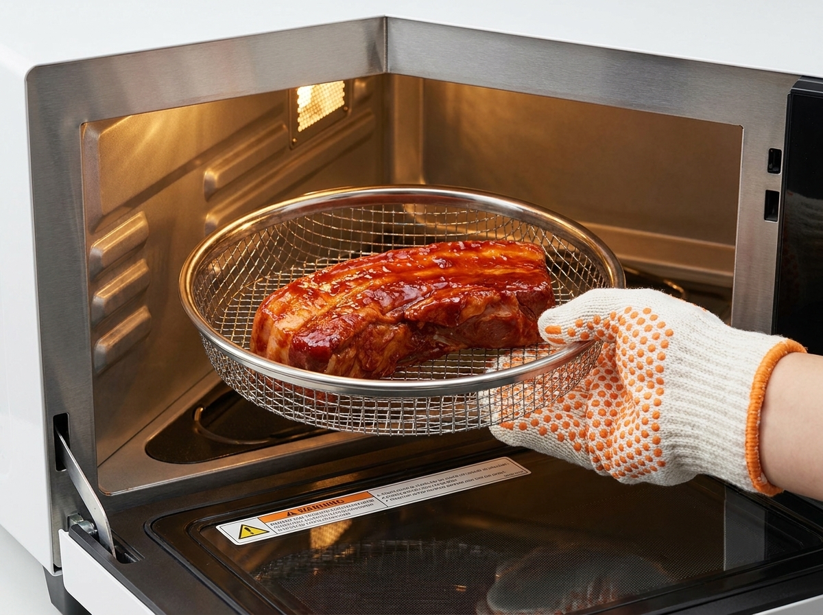 Una persona che indossa un guanto da forno resistente al calore che posiziona un cestello di filo metallico con costine di maiale glassate in un forno aperto.