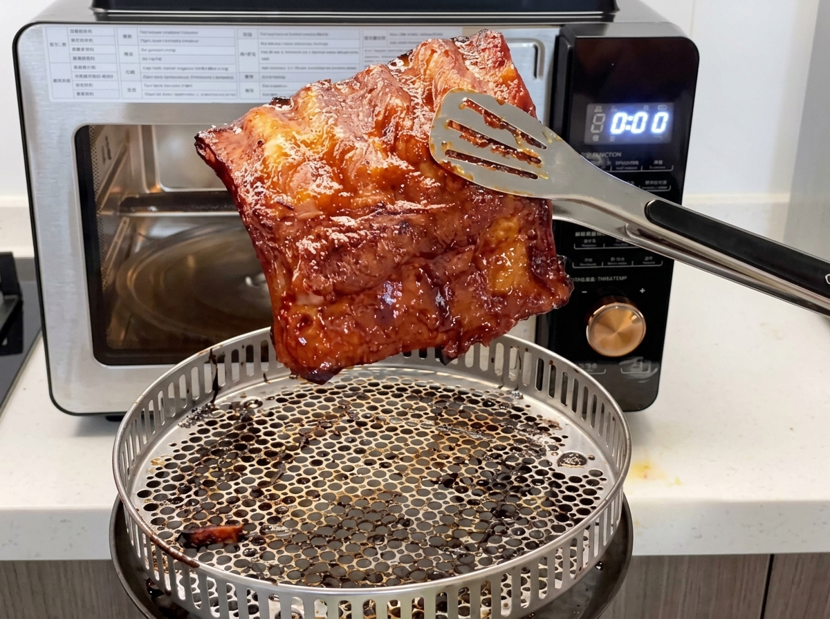 Un paio di pinze di metallo che sollevano un pezzo di costina di maiale glassata e appena cotta sopra un cestello da forno metallico rotondo.
