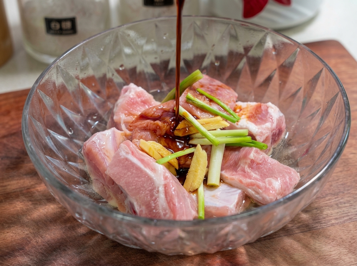 Salsa di soia scura, salsa di ostriche e salsa char siu versate sulle costine in una ciotola di vetro.