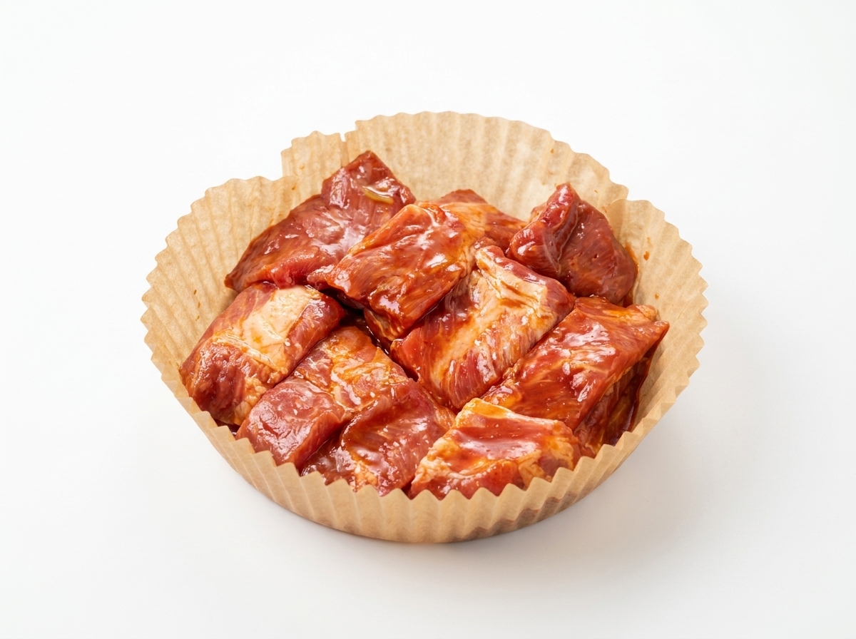 Costine di maiale marinate disposte ordinatamente nel cestello della friggitrice ad aria foderato con carta forno marrone.