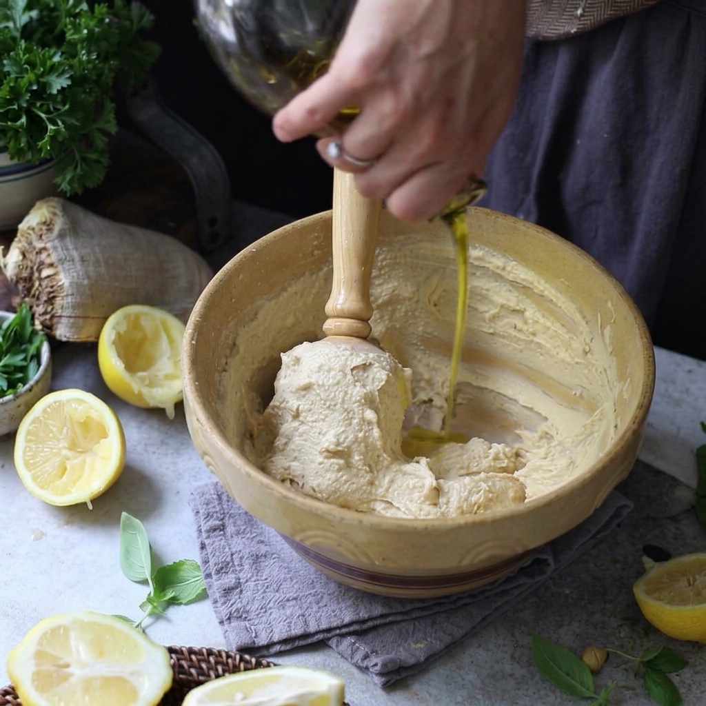 Olio doliva versato da una bottiglia di vetro in una ciotola di hummus mentre viene mescolato.