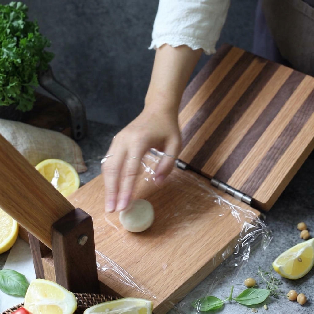 Una piccola pallina di impasto bianco pressata su una pressa di legno per tortillas rivestita di pellicola trasparente.
