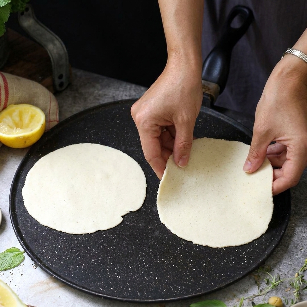 Dischi di impasto per tortilla appiattiti in cottura su una piastra scura e calda.