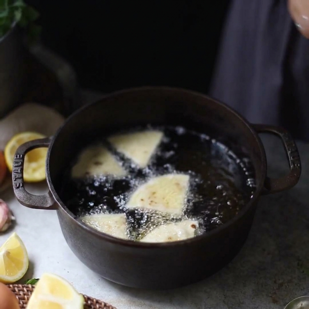 Pezzi di tortilla a forma di triangolo in frittura in una pentola piena di olio bollente e scoppiettante.
