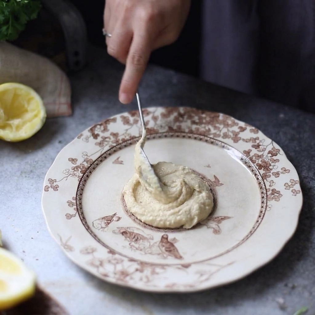 Hummus spalmato e decorato con un motivo circolare su un piatto decorato utilizzando un cucchiaio.