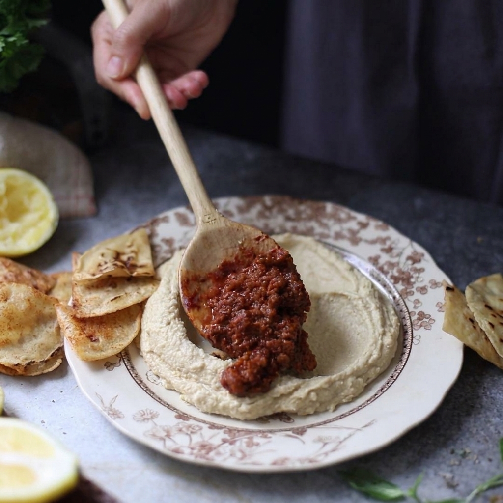 Un cucchiaio di legno posiziona la carne macinata cotta e calda nellincavo centrale dellhummus, servito su un piatto con tortilla chips.