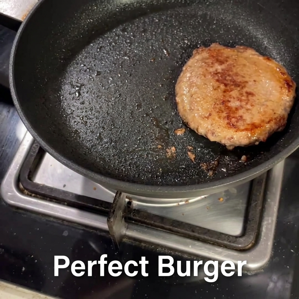Due uova in padella accanto a un hamburger cotto, leggermente condite e coperte.
