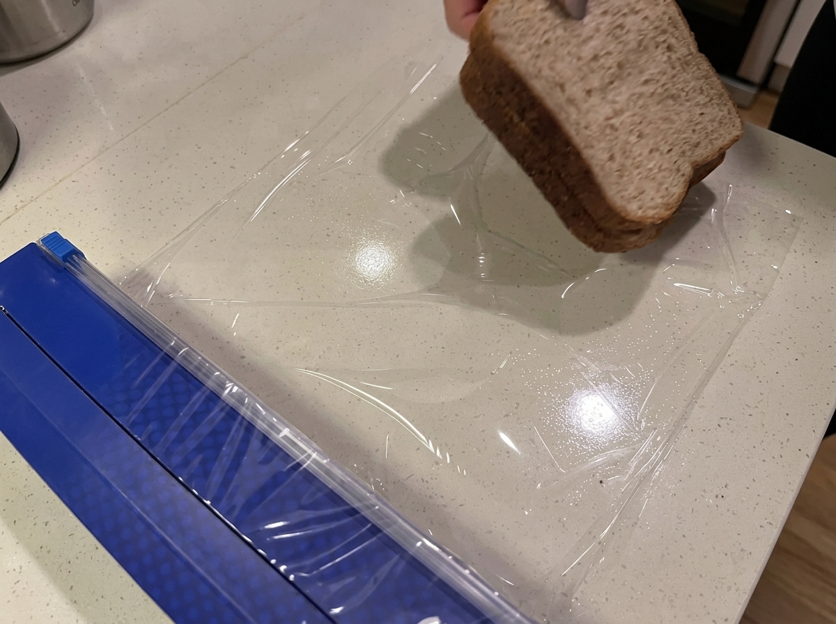 Due fette di pane integrale disposte piatte su un foglio di pellicola trasparente sopra un bancone da cucina.