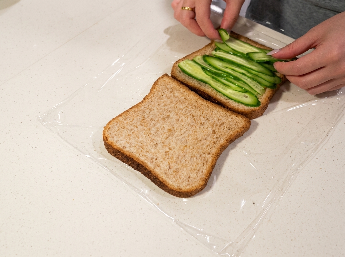 Uova al tegamino posizionate sopra lo strato di cetrioli su una fetta di pane integrale.