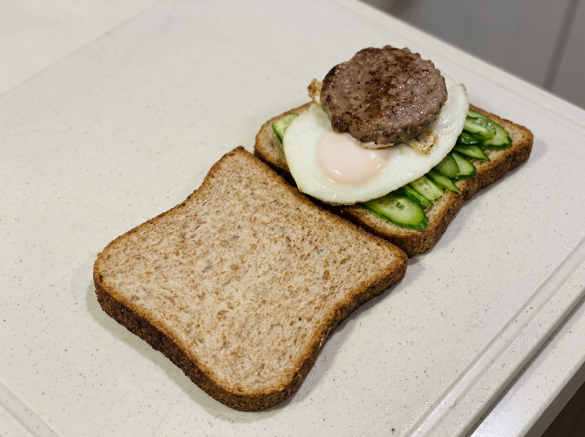 Un hamburger cotto e una fetta di formaggio sovrapposti alle uova e al pane.