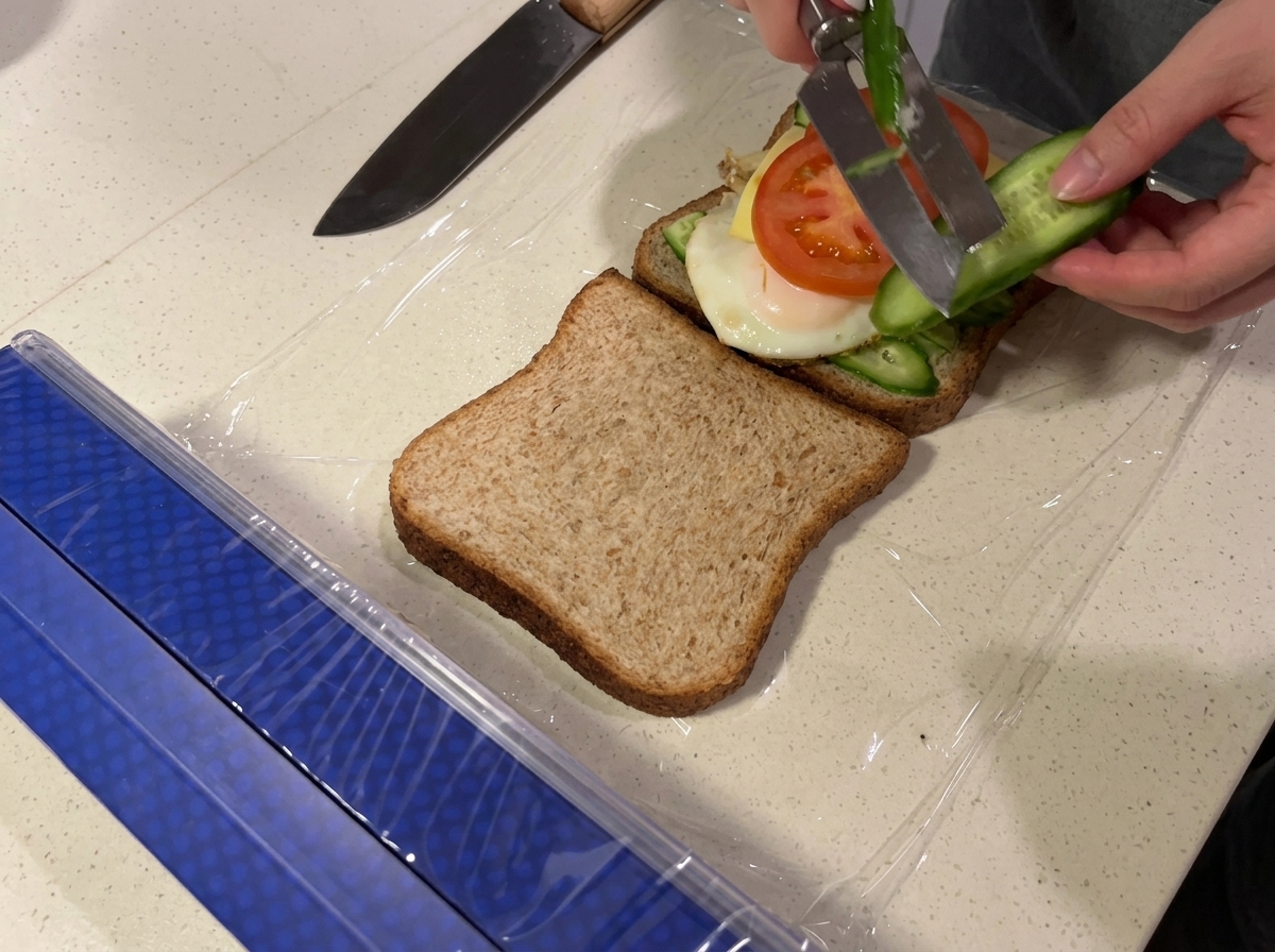 Fette di cetriolo fresco affettate con uno strumento manuale sopra lo strato di pomodoro del panino.