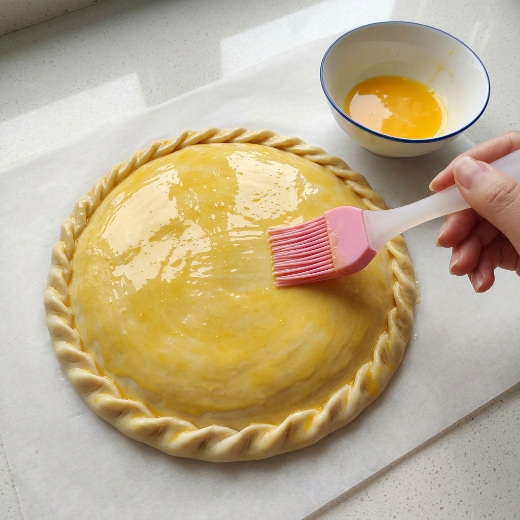 Una mano che utilizza un pennello in silicone rosa per applicare un tuorlo duovo giallo su una torta sigillata e arricciata posta su carta da forno.