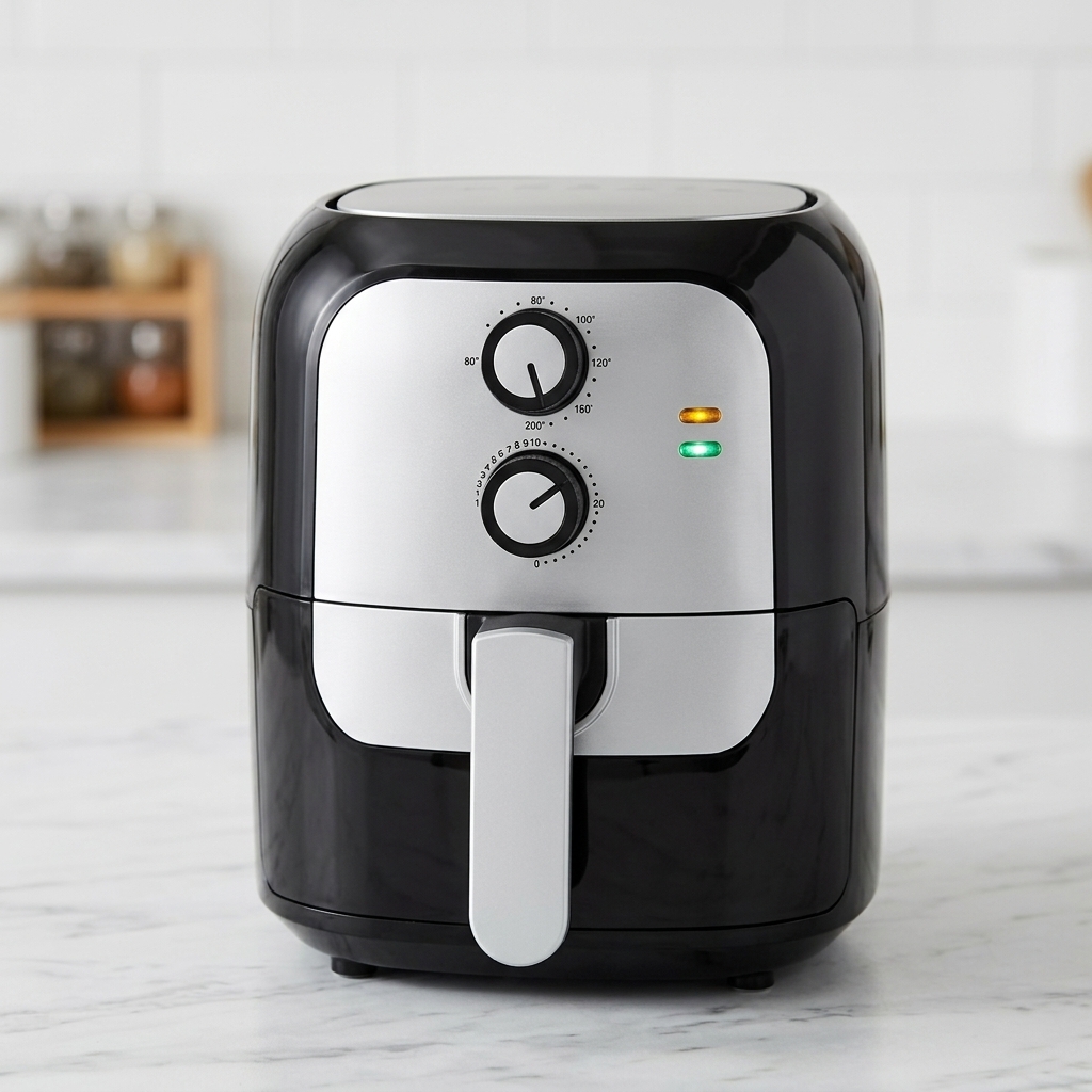 Primo piano dei quadranti meccanici della temperatura e del timer su una friggitrice ad aria nera e argento.