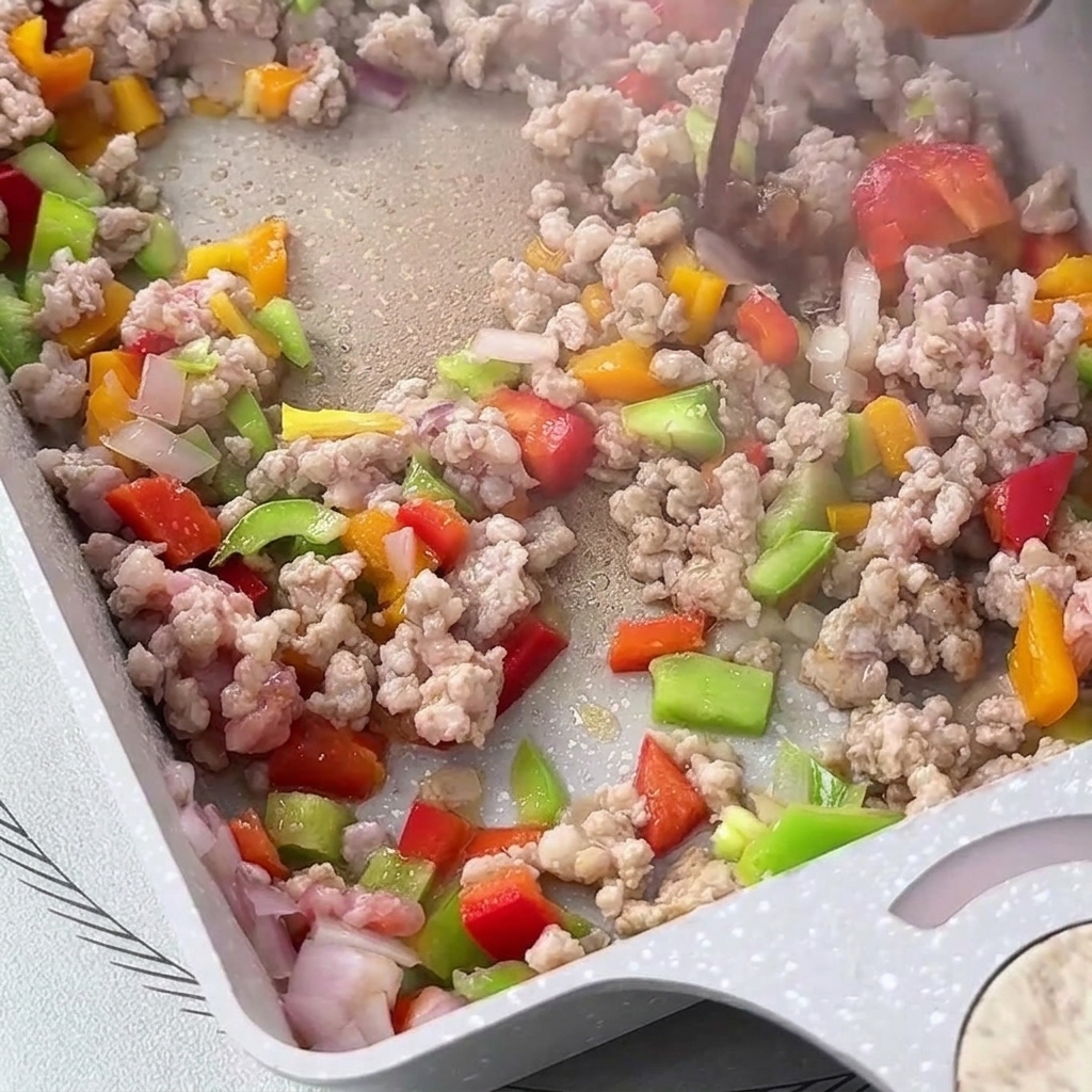 Salsa di soia scura versata sul composto di carne e verdure in cottura nella padella.
