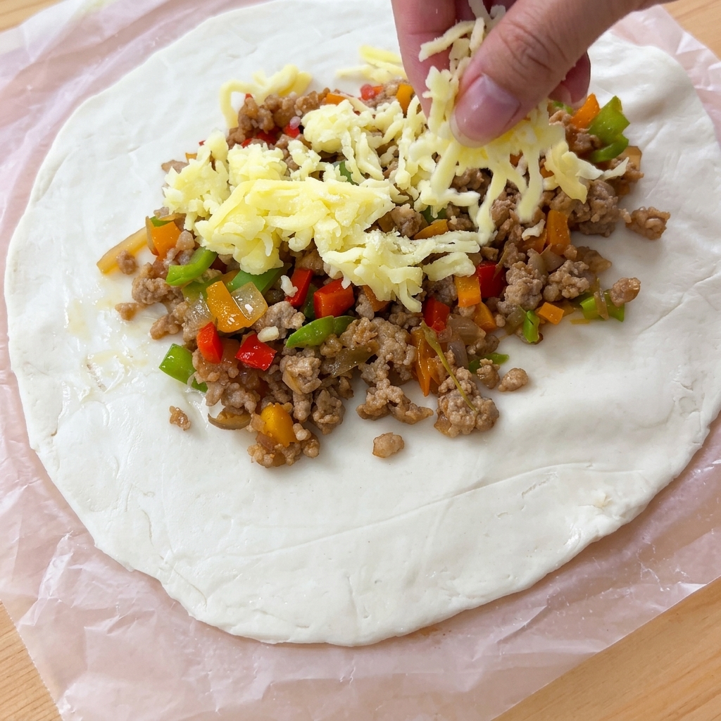 Mozzarella grattugiata sparsa generosamente sopra il ripieno di carne sulla pasta.