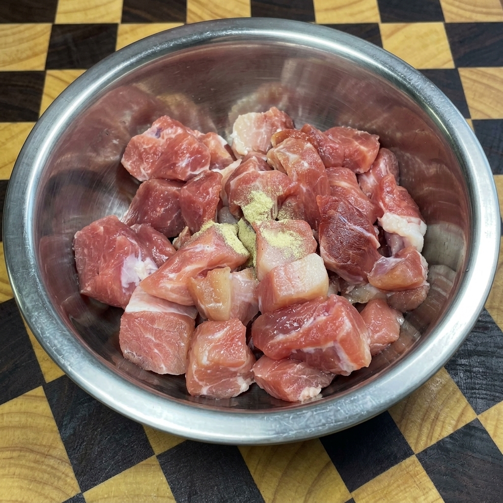 Cubetti di maiale in una ciotola dacciaio spolverati con pepe bianco, salsa di soia e altri condimenti.