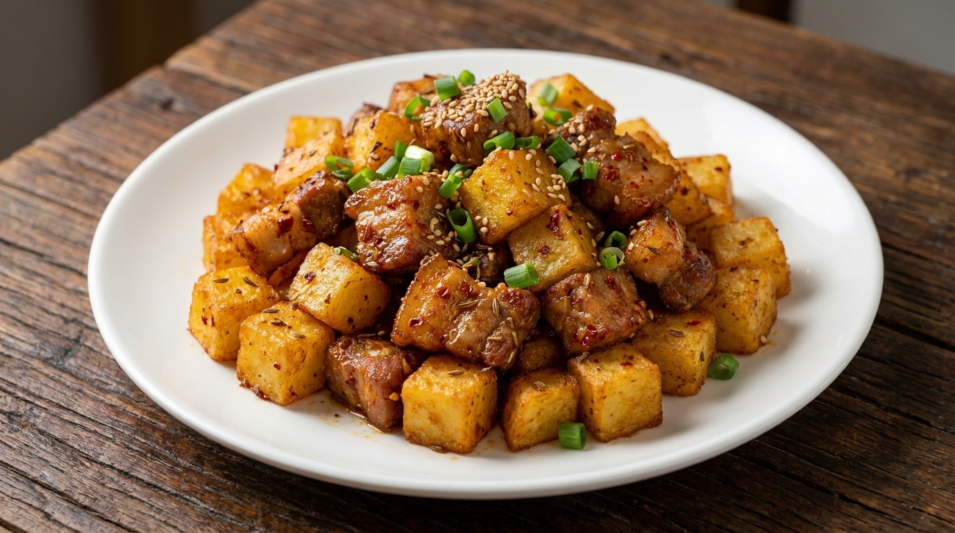 Cubi di Maiale e Patate al Barbecue con Croccante di Cumino