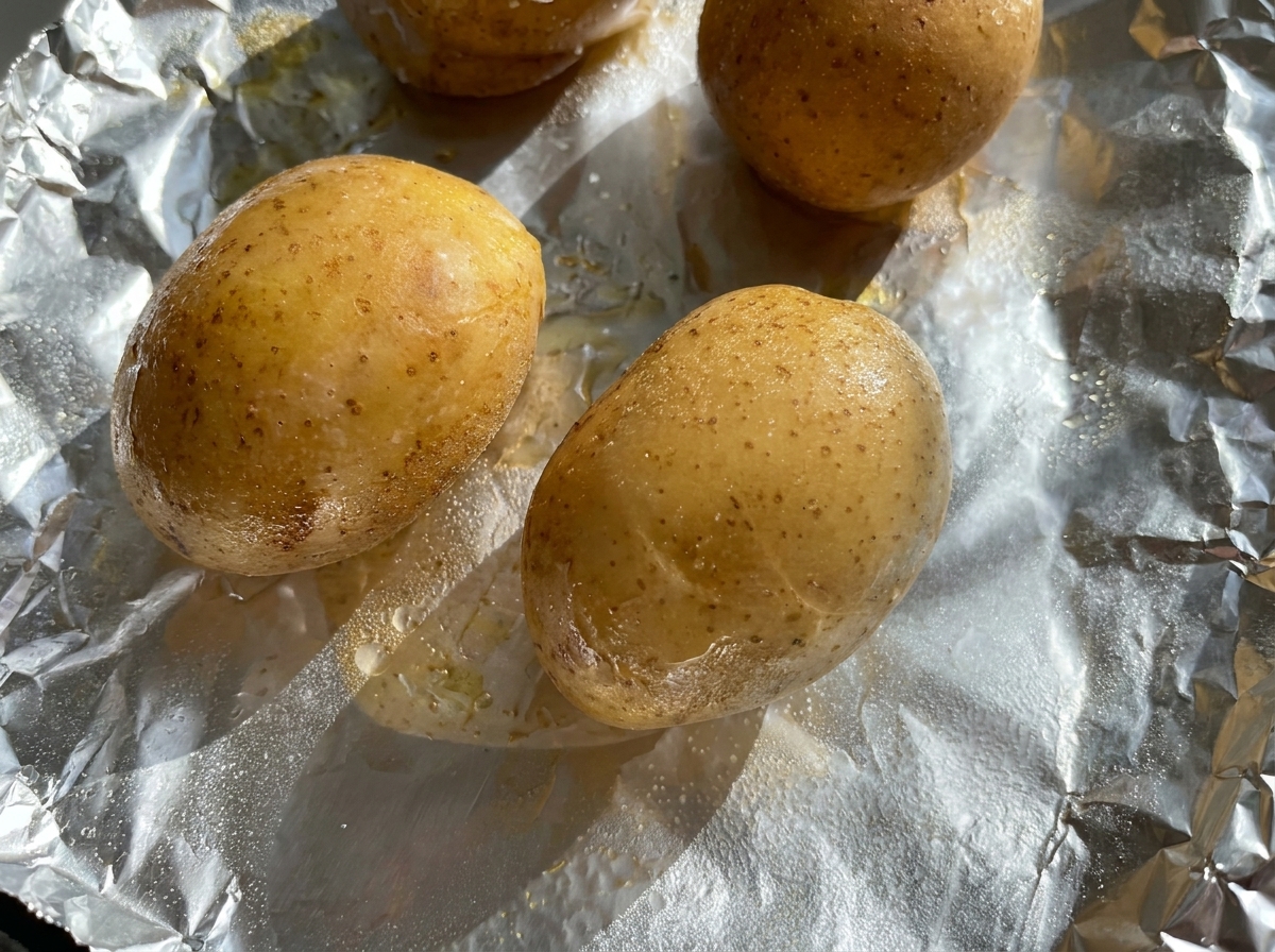 Patate intere cosparse di olio e sale, avvolte in carta stagnola su una teglia da forno.