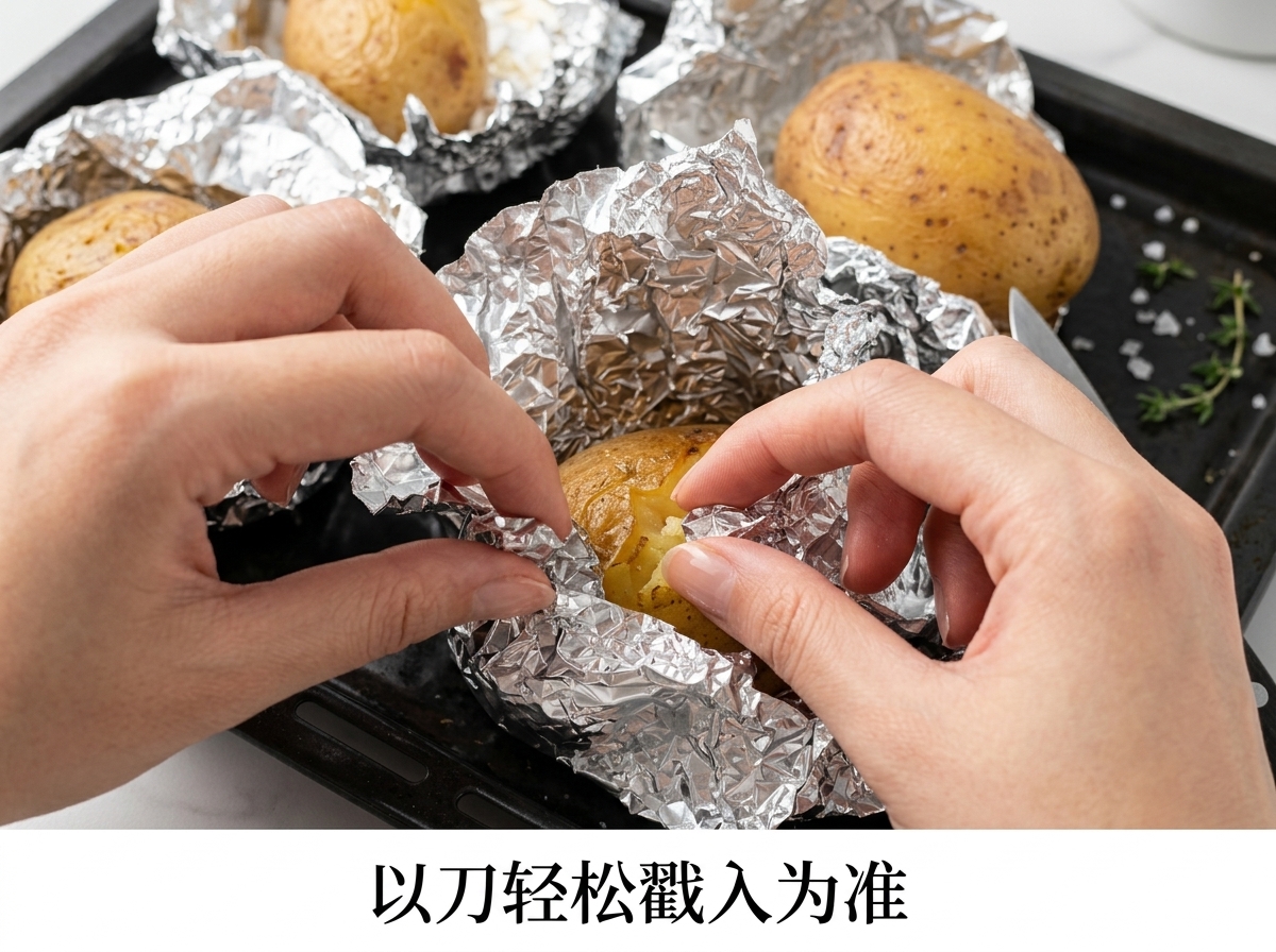 Mani che rimuovono la carta di alluminio da una patata cotta su un vassoio per testarla con un coltello.
