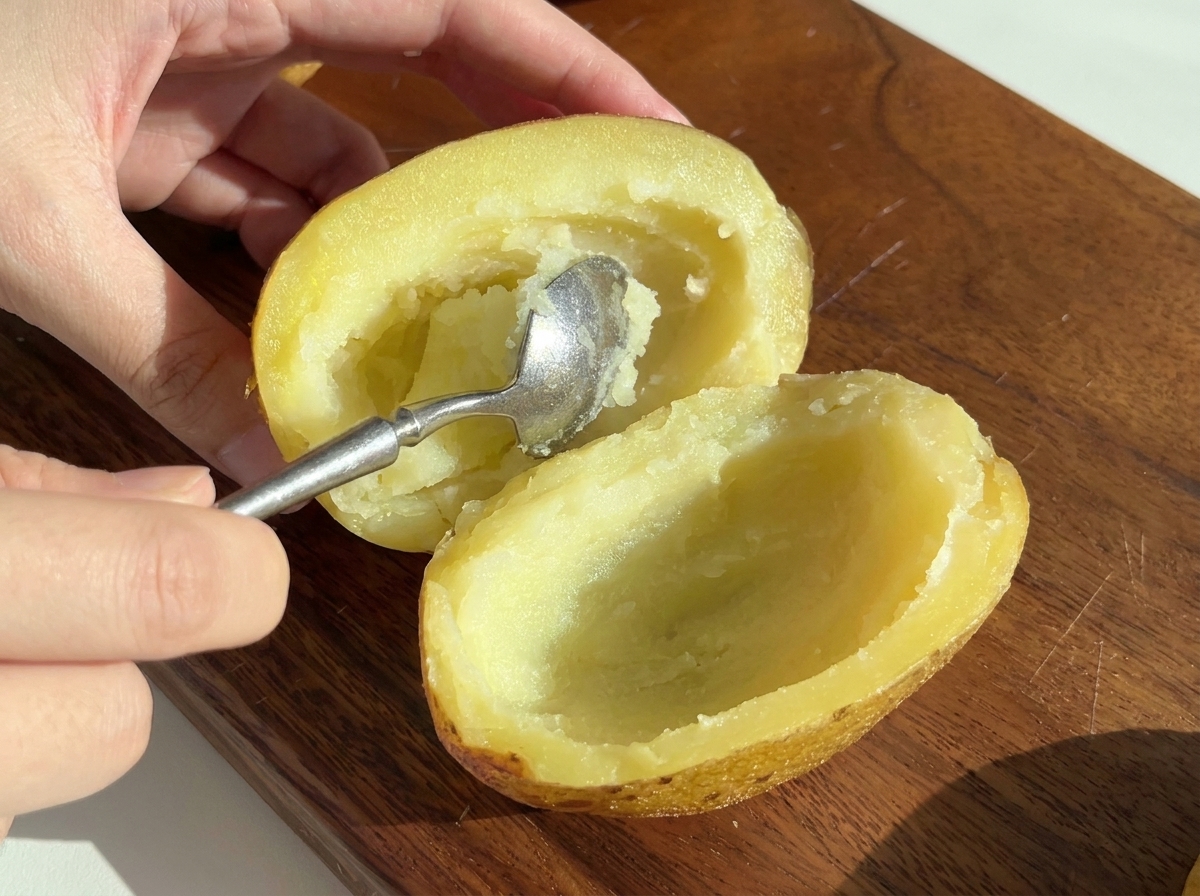 Un cucchiaio che scava la polpa morbida dallinterno di una metà di patata cotta.