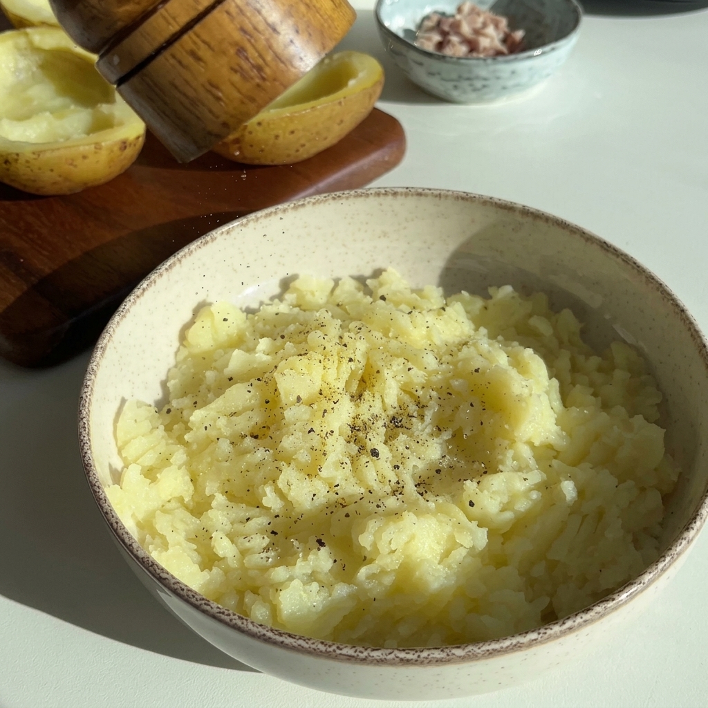 Pepe macinato sopra una ciotola di patate appena schiacciate con prosciutto e formaggio.