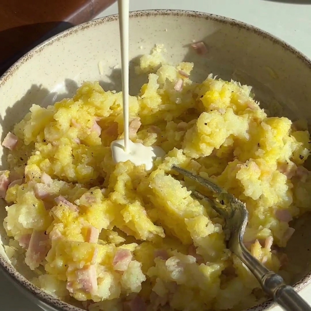 Crema di latte leggera versata in una ciotola con il composto di patate mescolato con una forchetta.