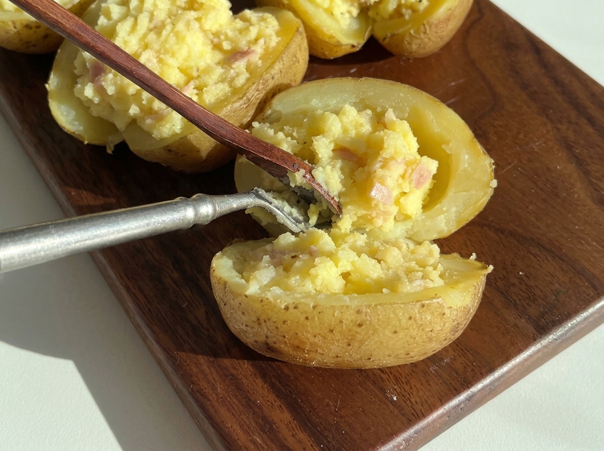 Un cucchiaio che raccoglie la purea di patate condita in una metà di patata svuotata.