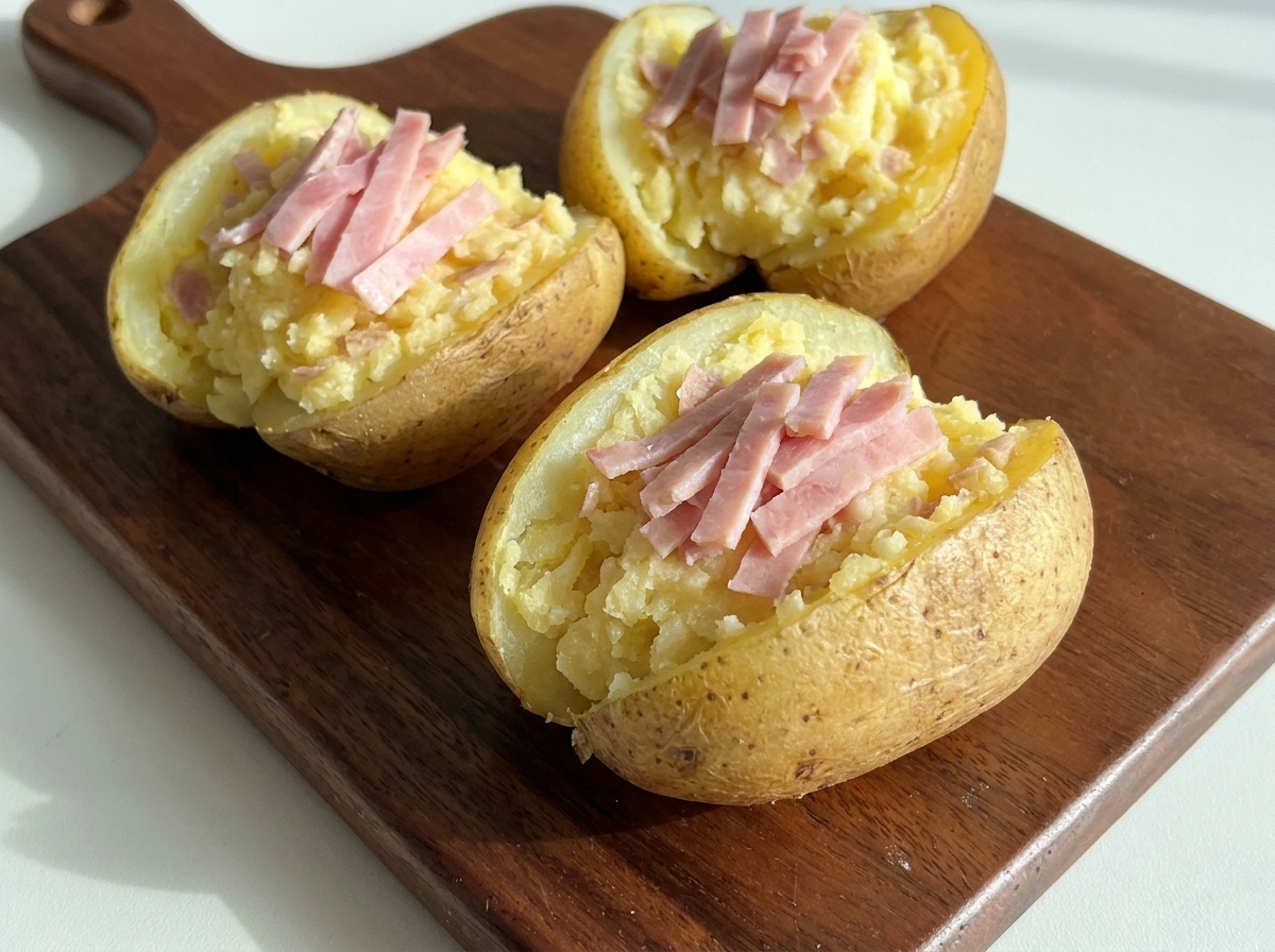 Metà di patate ripiene guarnite con strisce di prosciutto e pronte per il formaggio.
