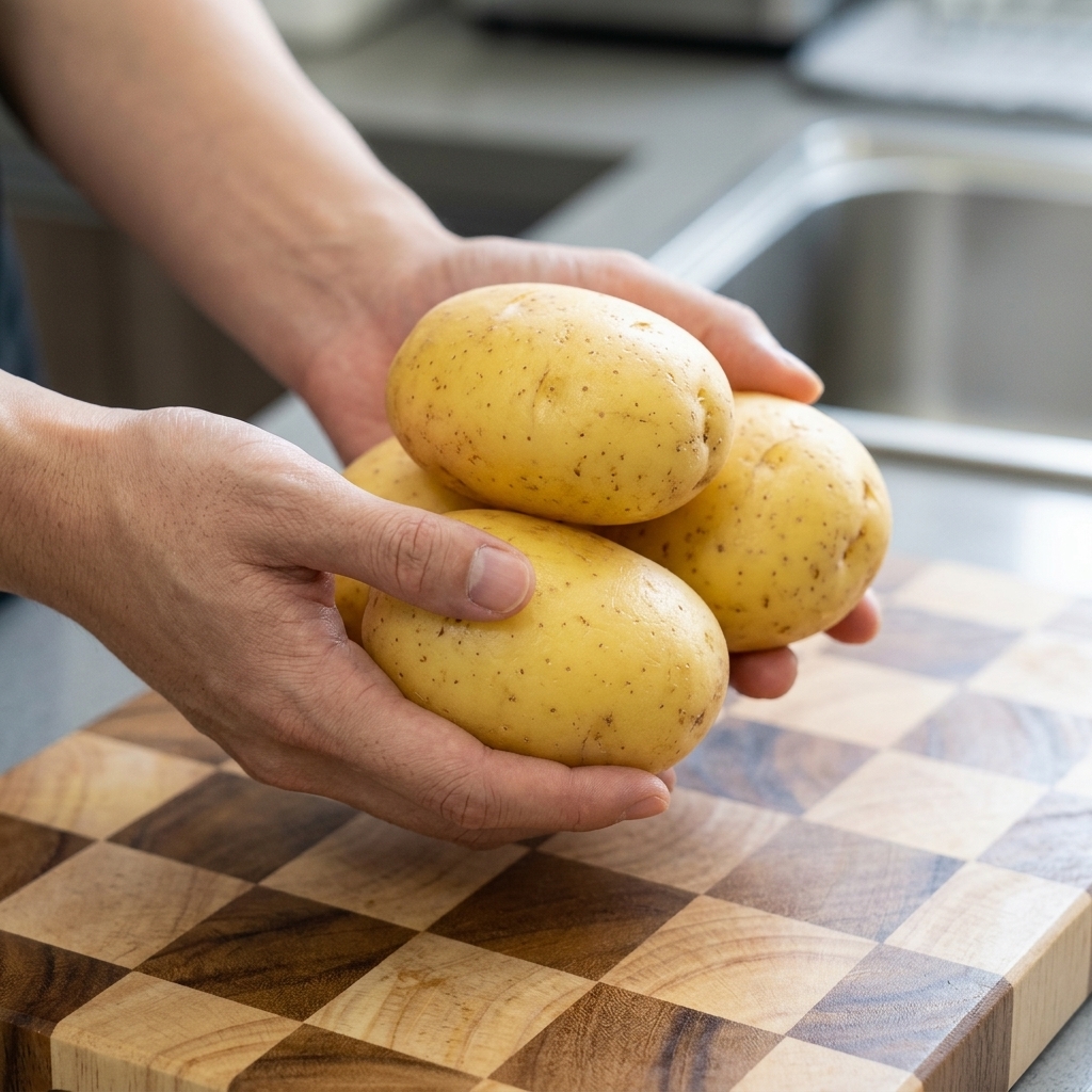 Un paio di mani che tengono patate fresche crude pelate su un tagliere di legno.