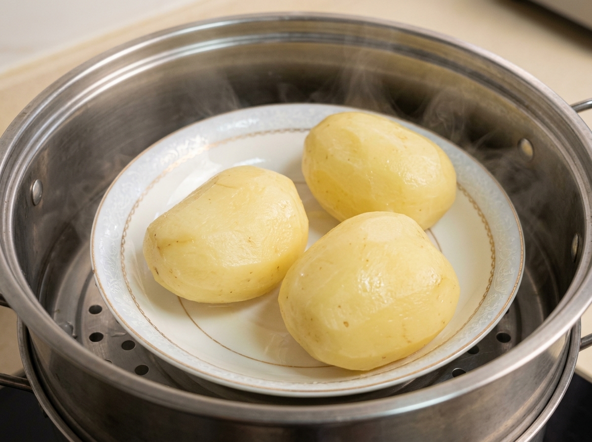 Patate pelate che cuociono a vapore su un piatto allinterno di una pentola per cottura a vapore con vapore in salita.