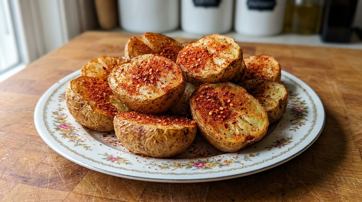 Metà di patate dorate cotte in friggitrice ad aria e generosamente ricoperte di condimento rosso al barbecue.