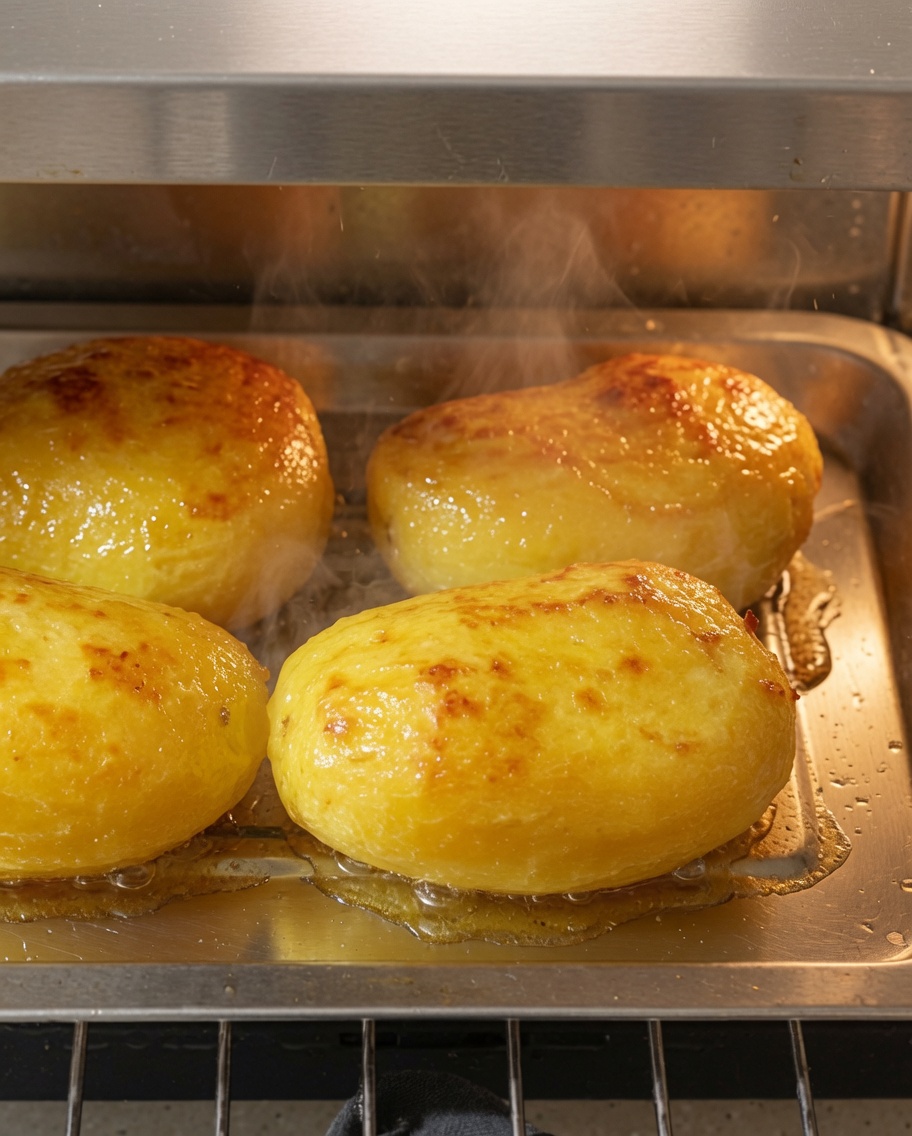 Pinze di metallo che girano le patate al forno allinterno di una teglia calda.