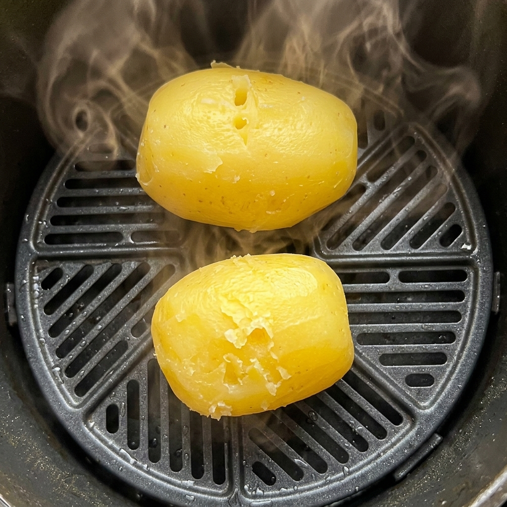 Due patate cotte al vapore allinterno del cestello di una friggitrice ad aria circondate da vapore.