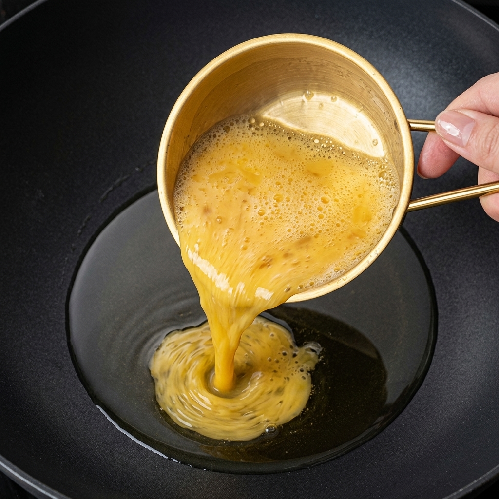 Uova sbattute liquide versate da una ciotola dorata in un wok caldo oliato.