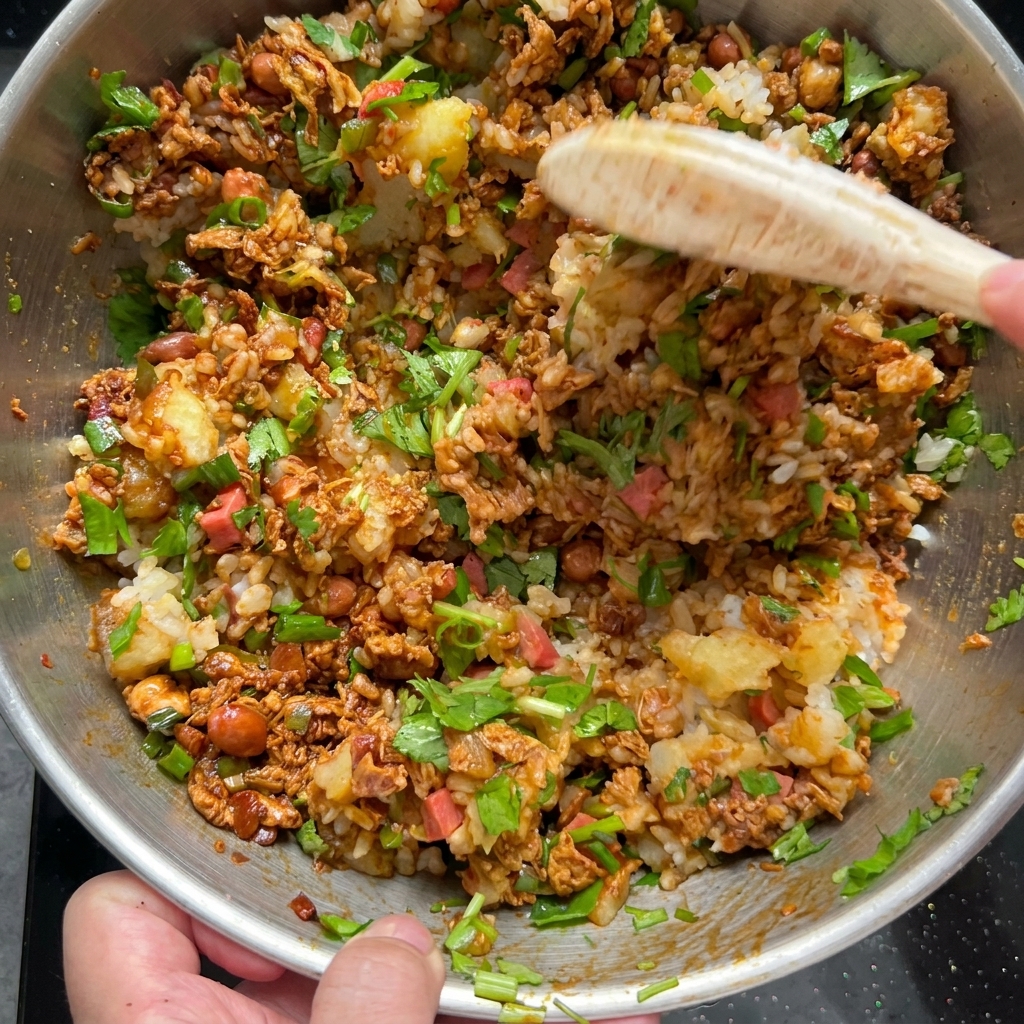 Il composto di riso condito e patate inserito con un cucchiaio nei gusci di patata al forno.