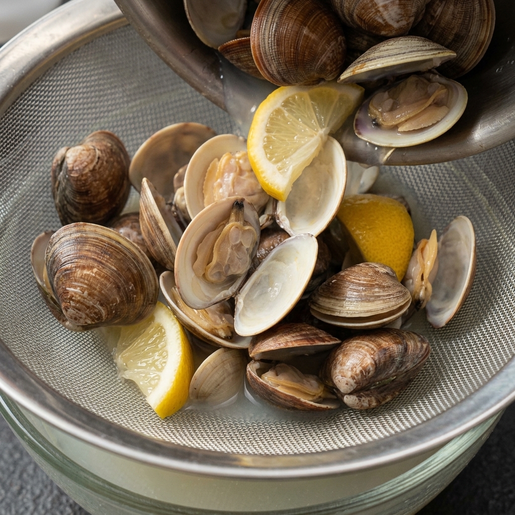 Un colino posizionato sopra una ciotola di vetro che raccoglie il brodo di vongole filtrato mentre i gusci aperti e la polpa vengono separati.