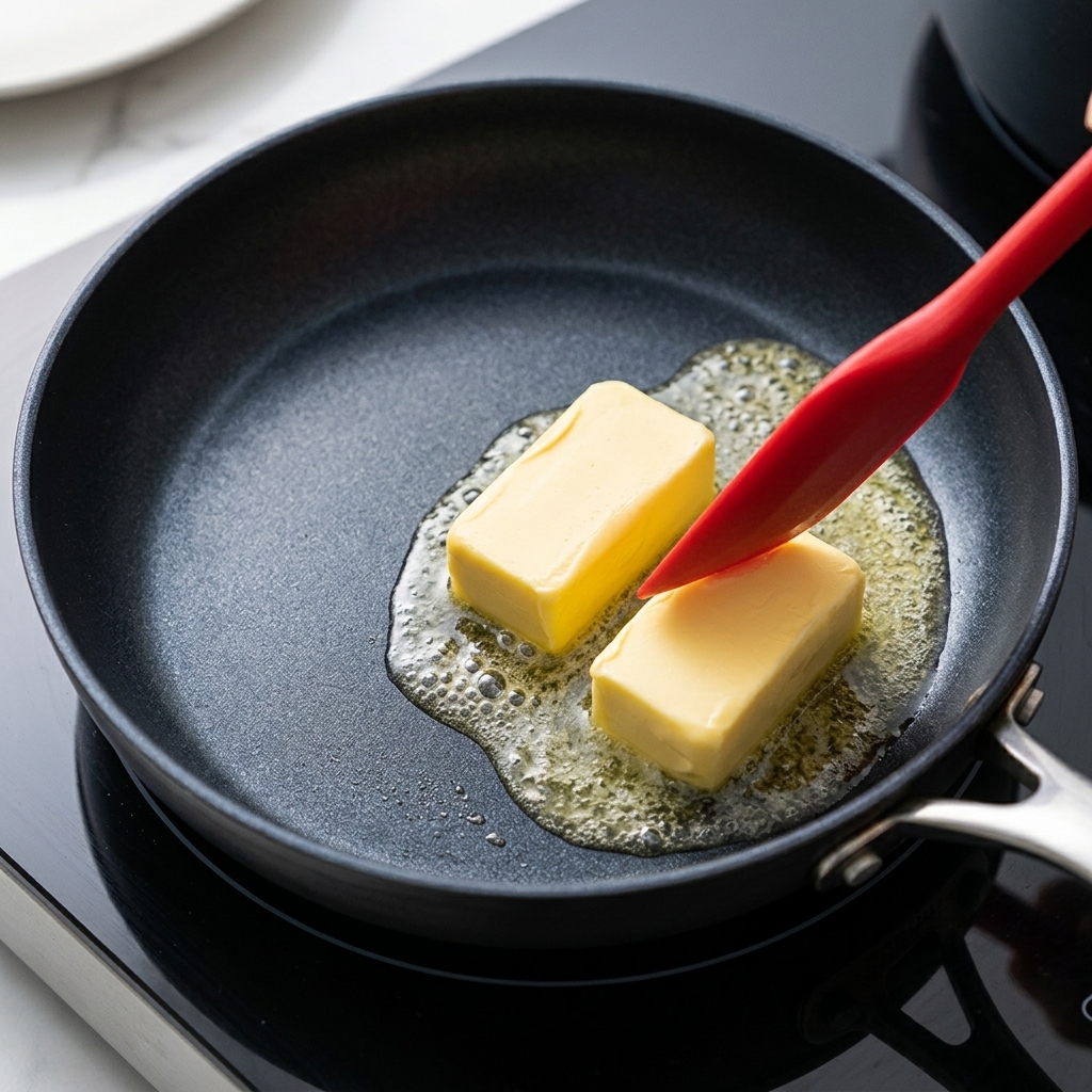 Tocchetti di burro che si sciolgono in una padella con una spatola in silicone rossa che mescola i grassi frizzanti.