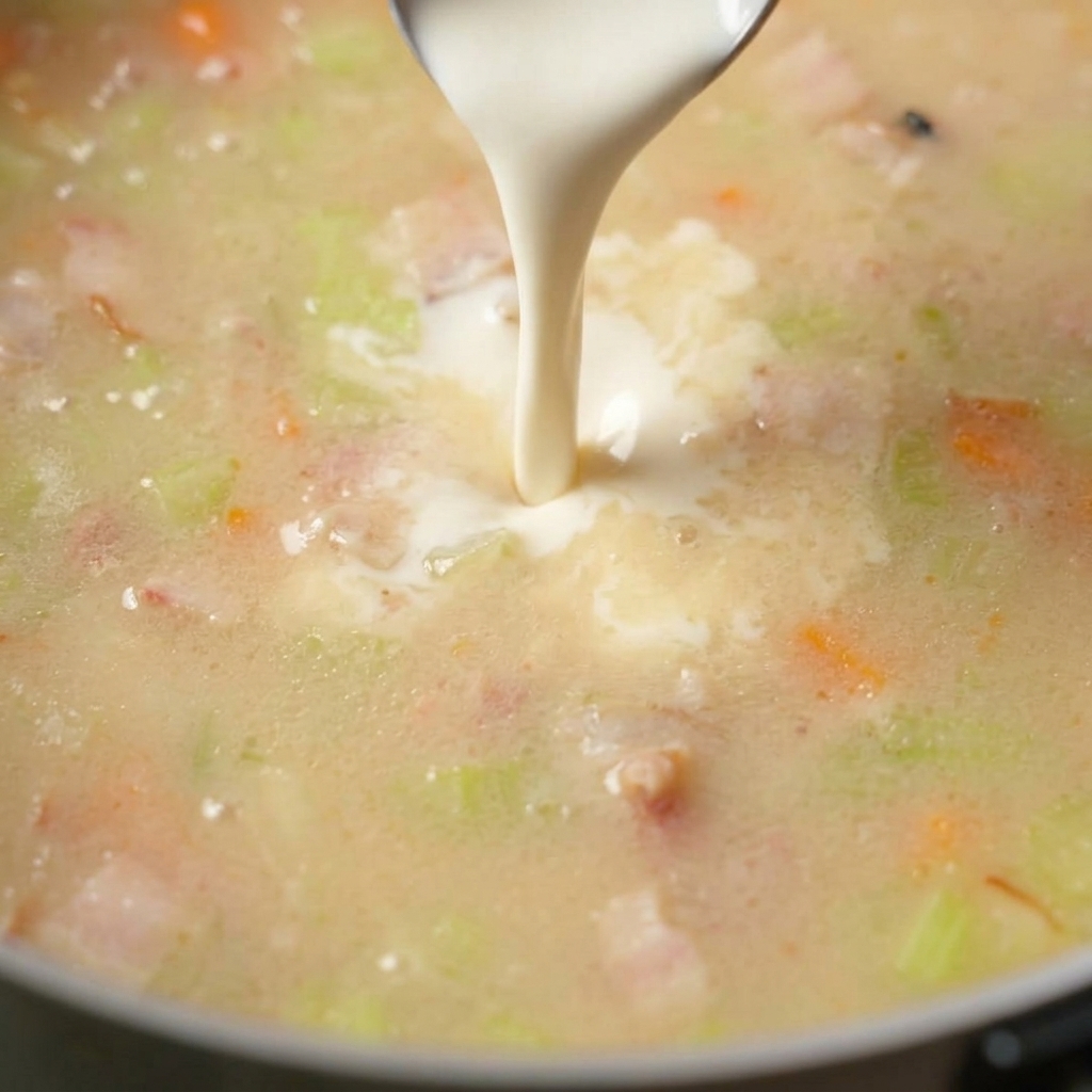 Panna da montare versata da un cucchiaio in una pentola di zuppa cremosa con pezzi di sedano e pancetta.