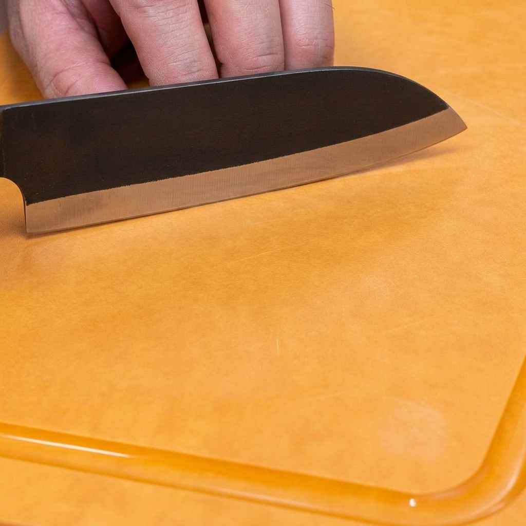 Un coltello da cucina che taglia lo zenzero fresco in fettine sottili su un tagliere arancione.