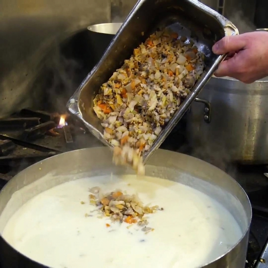 Un vassoio di metallo utilizzato per versare un mix di vongole tritate e verdure in una grande pentola di zuppa di panna bianca in ebollizione.