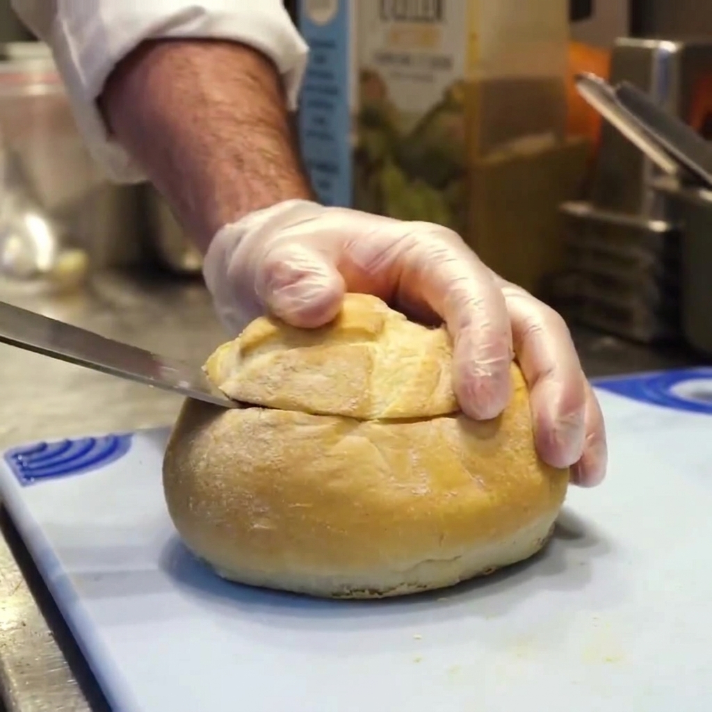 Una persona con guanti alimentari che usa un coltello per tagliare la parte superiore di una pagnotta rustica rotonda.